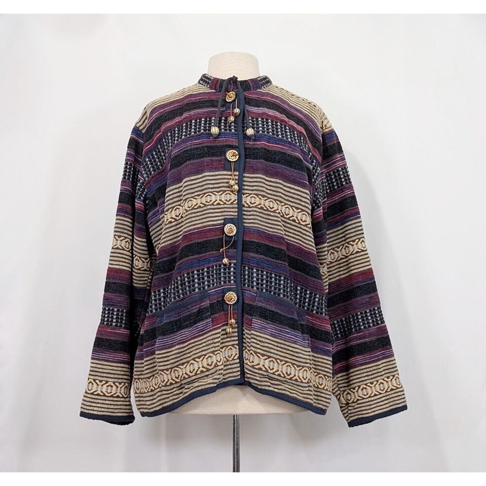 Vintage 90s Y2K Tapestry Artsy Stripe Statement Coat Wearable Art Women's Size L
